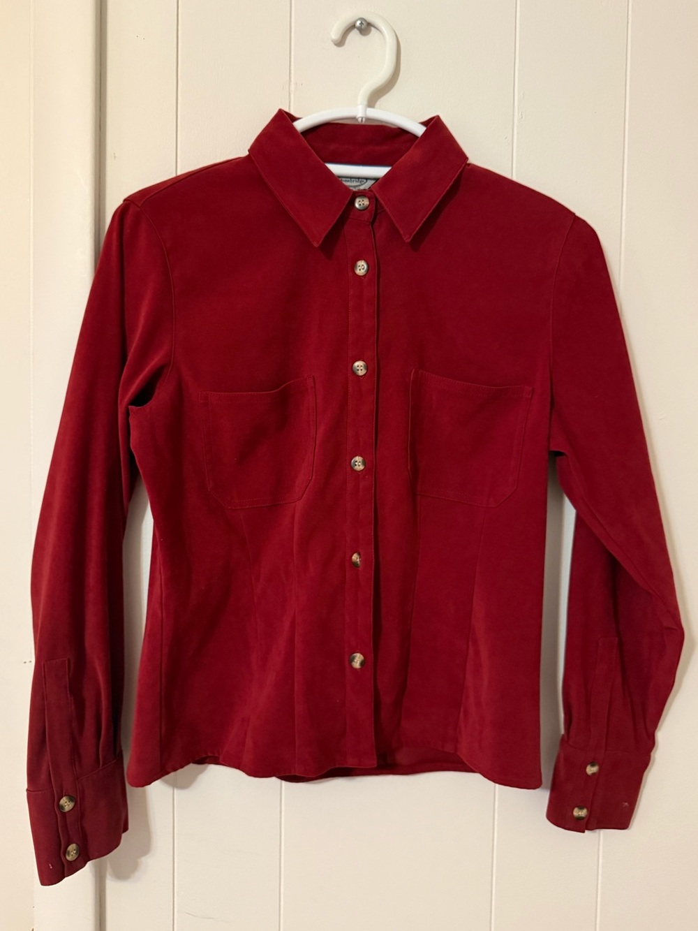 Stonebridge Women's Red Velvet Button-Down Shirt with Patch Pockets